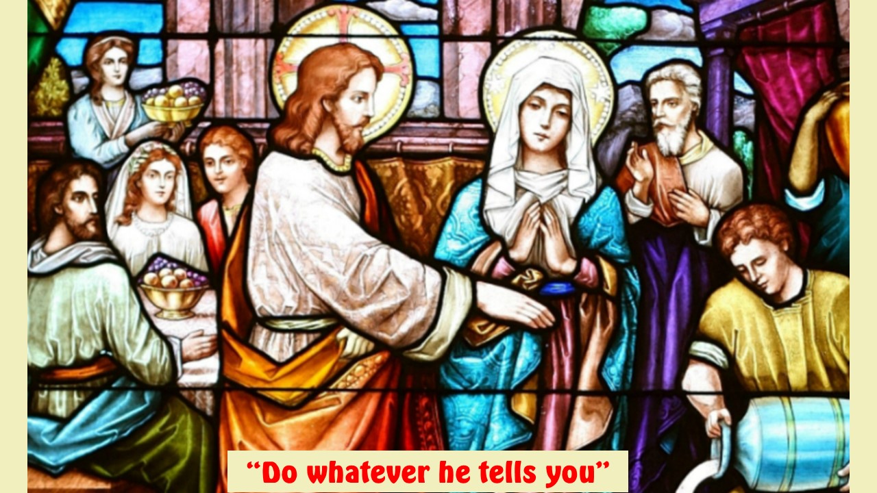 Stained glass window of the Wedding at Cana